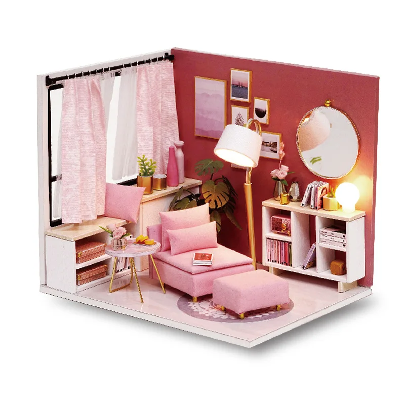 

LED pink living room doll house furniture diy dollhouse wood diy doll house miniature dollhouse furniture children home Toy gift