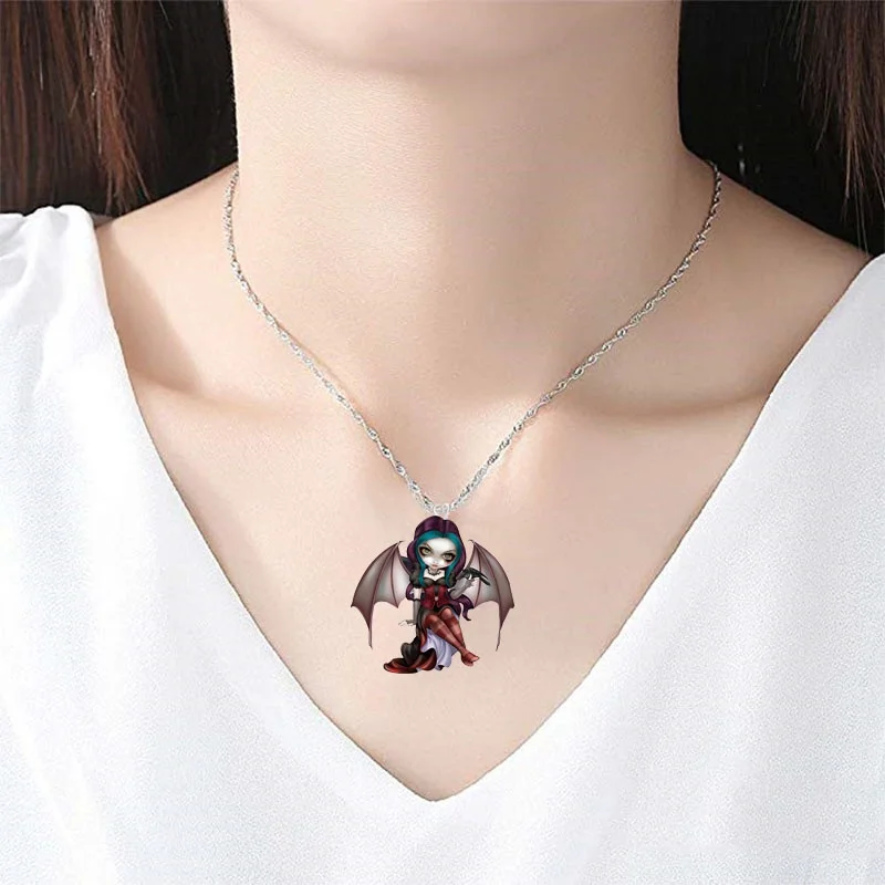 

Bat Vampire Resin Female Ghost Necklace Creative Fashion Lady Necklace Halloween Essential Undead Legend Cartoon Necklace