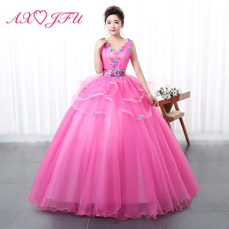 

AXJFU luxury princess rose Pink lace evening dress vintage v neck beading flower host ball gown stage bride pink evening dress