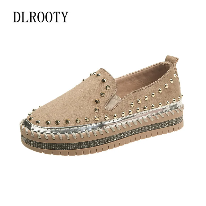

Women Flats Shoes Loafers Shallow Slip On Summer Autumn Fashion Rivet Round Toe Platform Flat Casual Comfortable