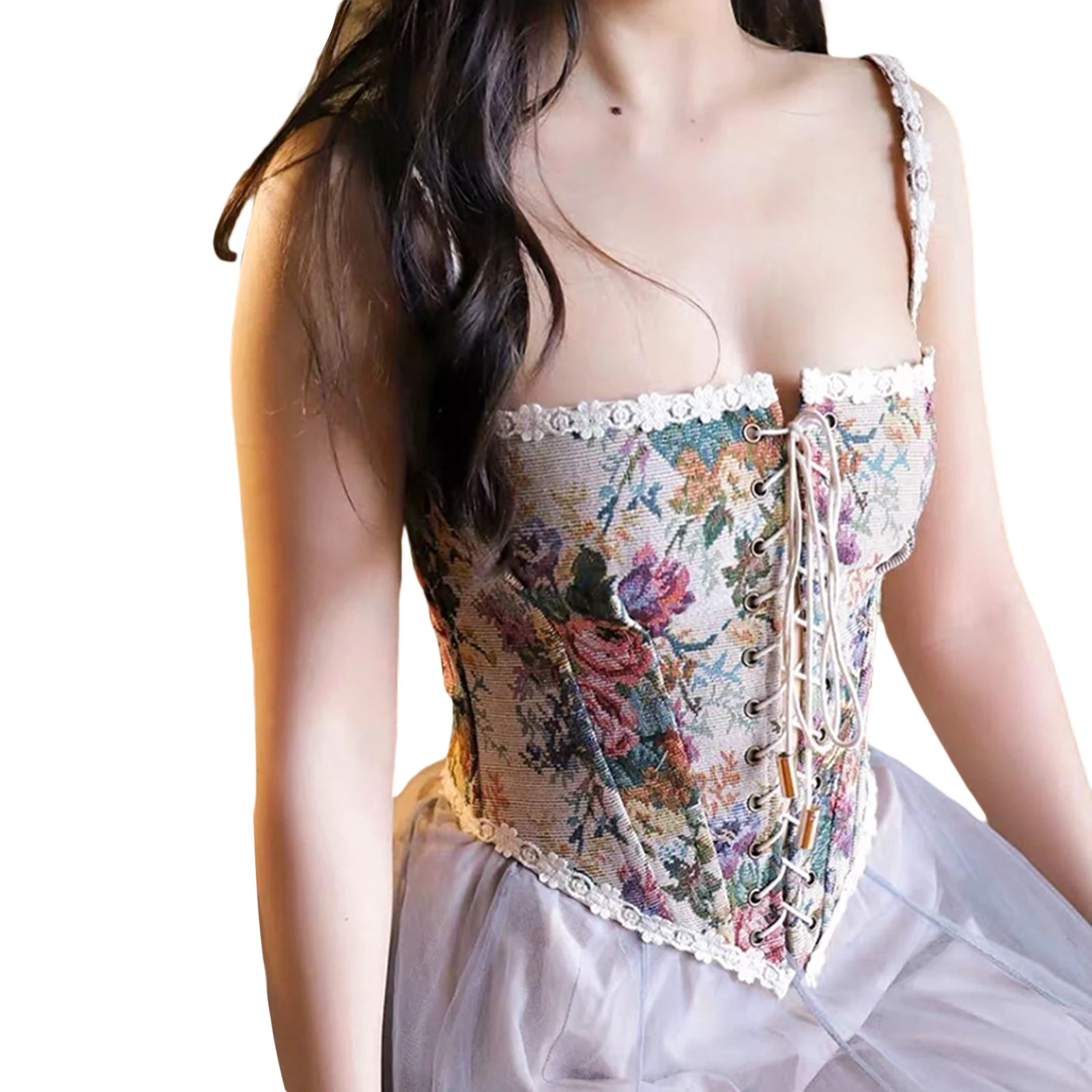 

Women’s Fashion Vintage Summer Jacquard Bandage Camisole Sexy Boat Neck Flounce Irregular Suspender White Lace Corset