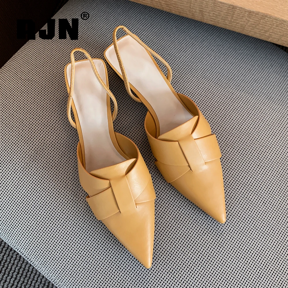 

RJN Quality Sandals Woman Pointed Toe Summer Yellow Black Genuine Leather Sandals Handmade Round Heels Office Lady Shoes RO115