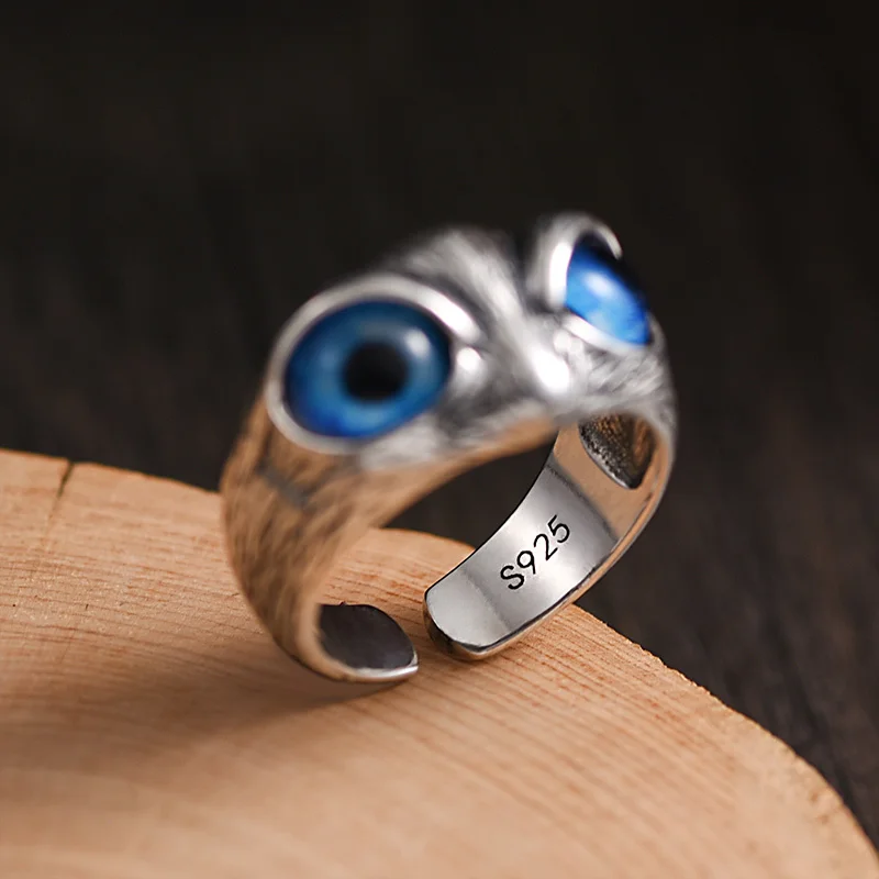 ZABRA Adjustable Owl Ring Vintage Rock 925 Sterling Silver Rings For Men Women Blue Stone Zircon Biker Jewelry Size 8-10.5 | Украшения и