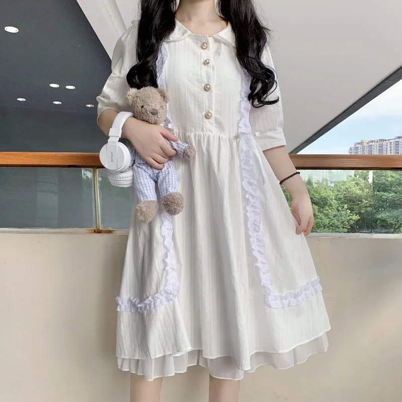 Женское платье с кукольным воротником белое в японском стиле свободное