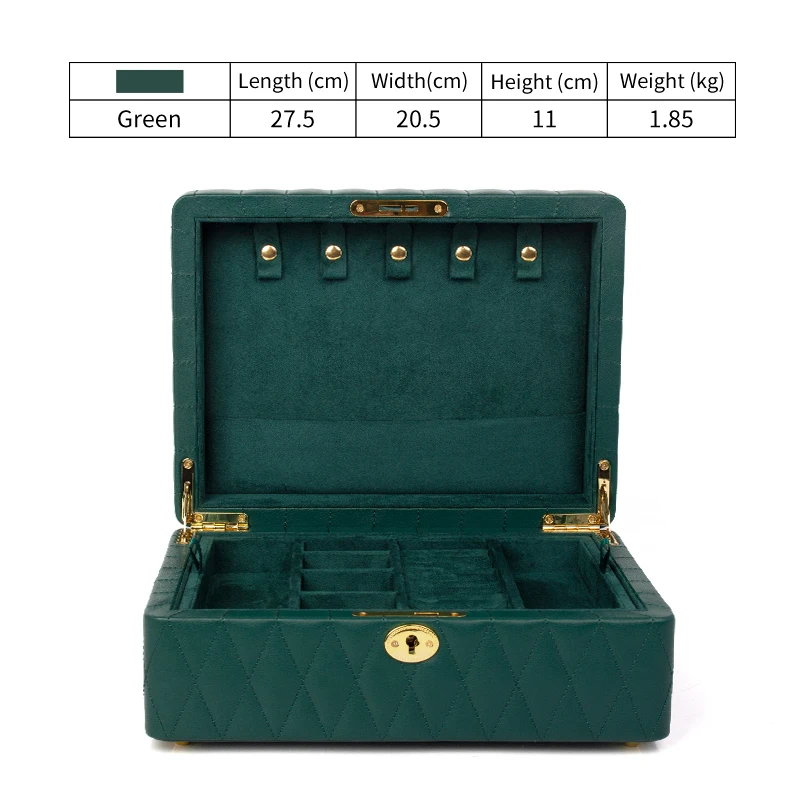 

New Leather Green Multifunctional Jewelry Display Box With Lock For Femal Ring Earring Pendent Bracelet Jewellery Organizer Case