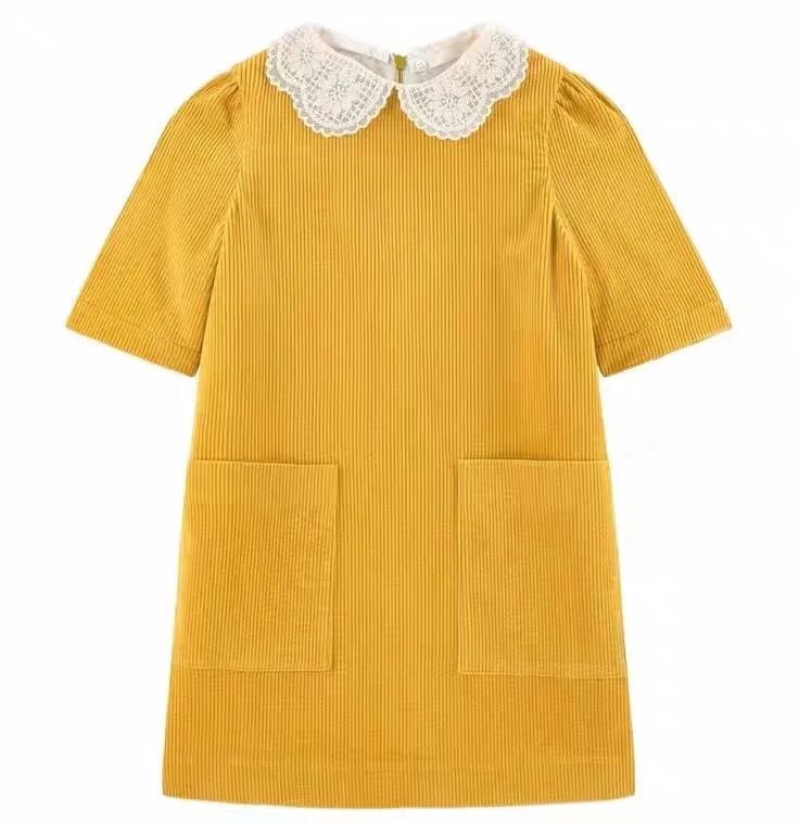 

High quality customized style baby clothes Sweet girl's dress, beautiful lace lapel corduroy yellow dress