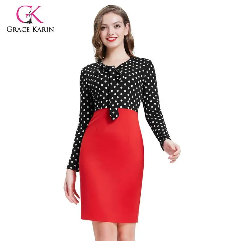Grace Karin Pencil Dress Women Long Sleeve V Neck Polka Dot 2020 New Autumn Office Work Front Tie Slim Party Dresses | Женская одежда