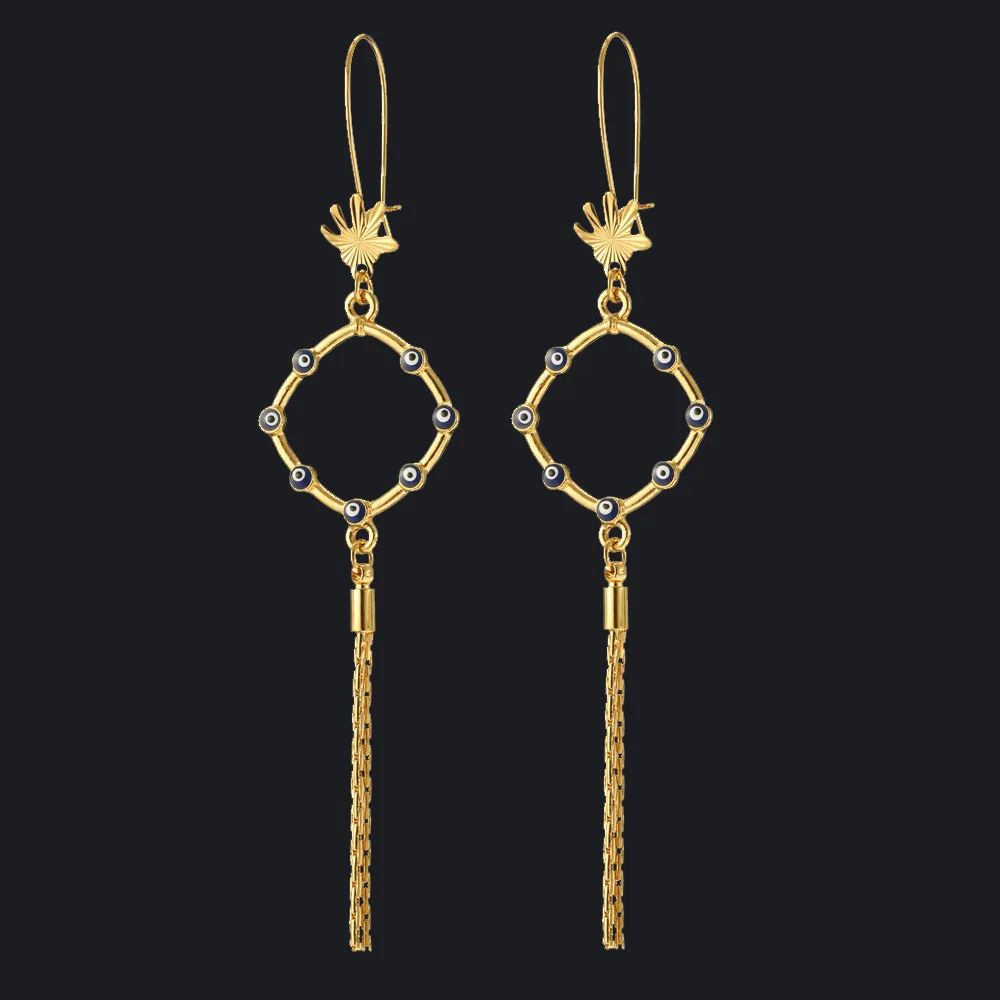 

Turkey Fatima Eye Earrings Women's Fashion Long Tassel Gilt Pendant Earrings Arab Middle East Dubai Copper Gilt Earrings