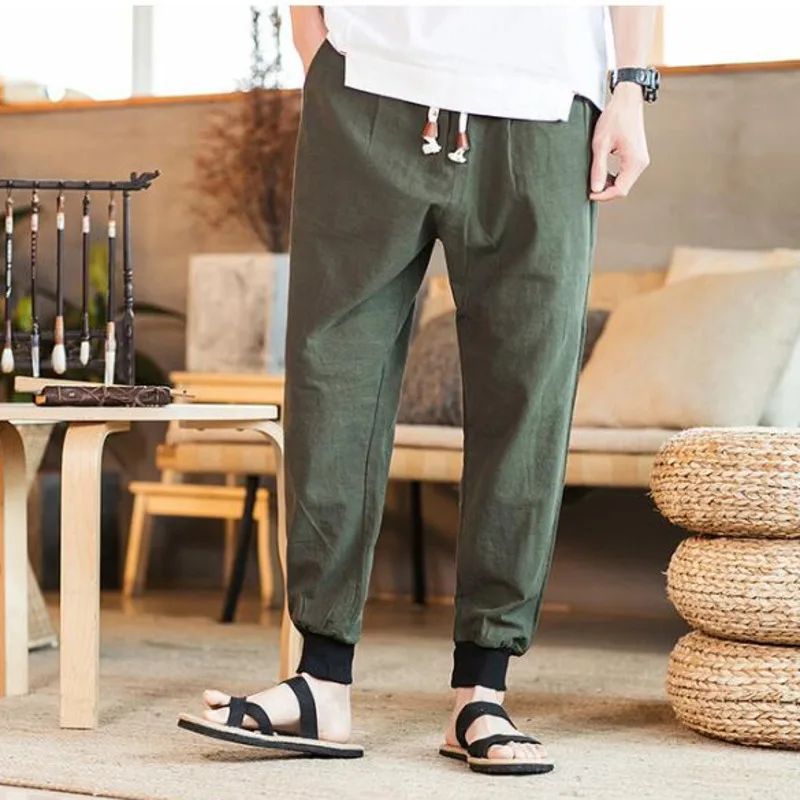 

#8040 Chinese Style Streetwear Cotton Linen Pencil Harem Pants Men Thin Vintage Plus Size 4XL 5XL Pants For Men Loose Pockets