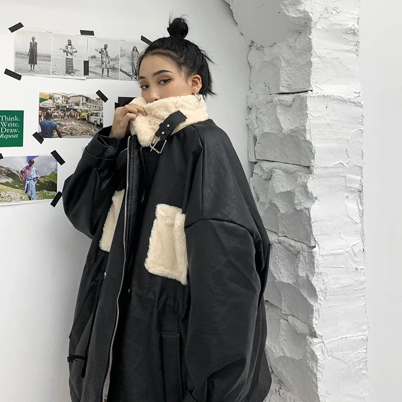 

2020 New Winter Jacket Female Version of Harajuku Thickened PU Leather Locomotive Waist Loose Net Red Mid-length Cotton Coat X95