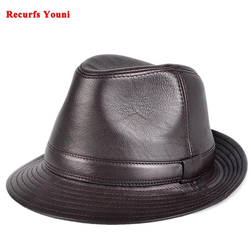Man High Quality Genuine Leather Jazz Fedora Gentleman Cow Skin Short Brim Black/Brown Hip Pop Fitted Top Hat Male Shows Topper