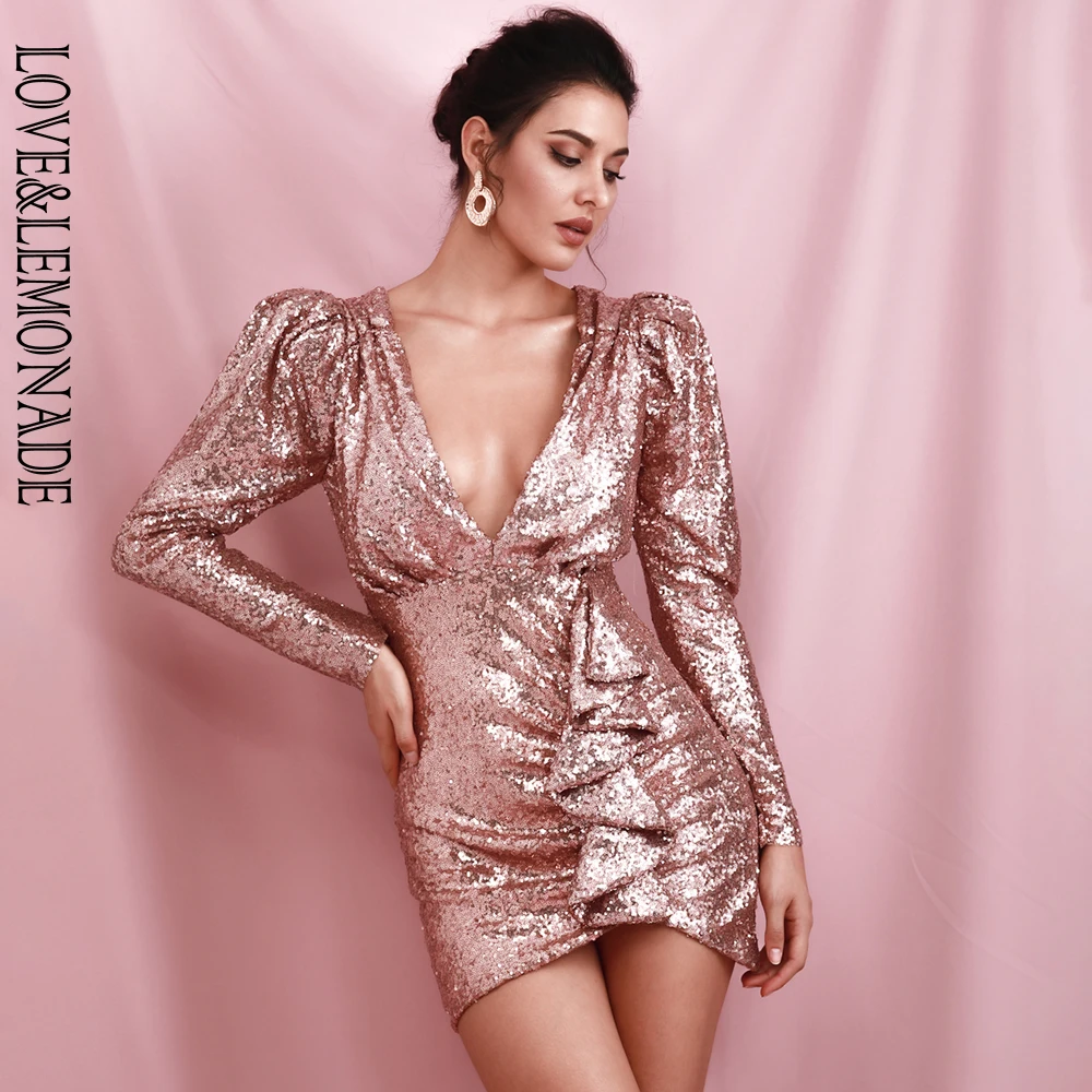Женское вечернее мини-платье LOVE &amp LEMONADE розовое золото платье с глубоким