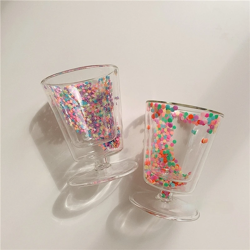 

New Creative Double-layer Water Cup Cute Children's Fun Colorful Disc Quicksand Transparent Glass Coffee Milk Breakfast Cup Gift
