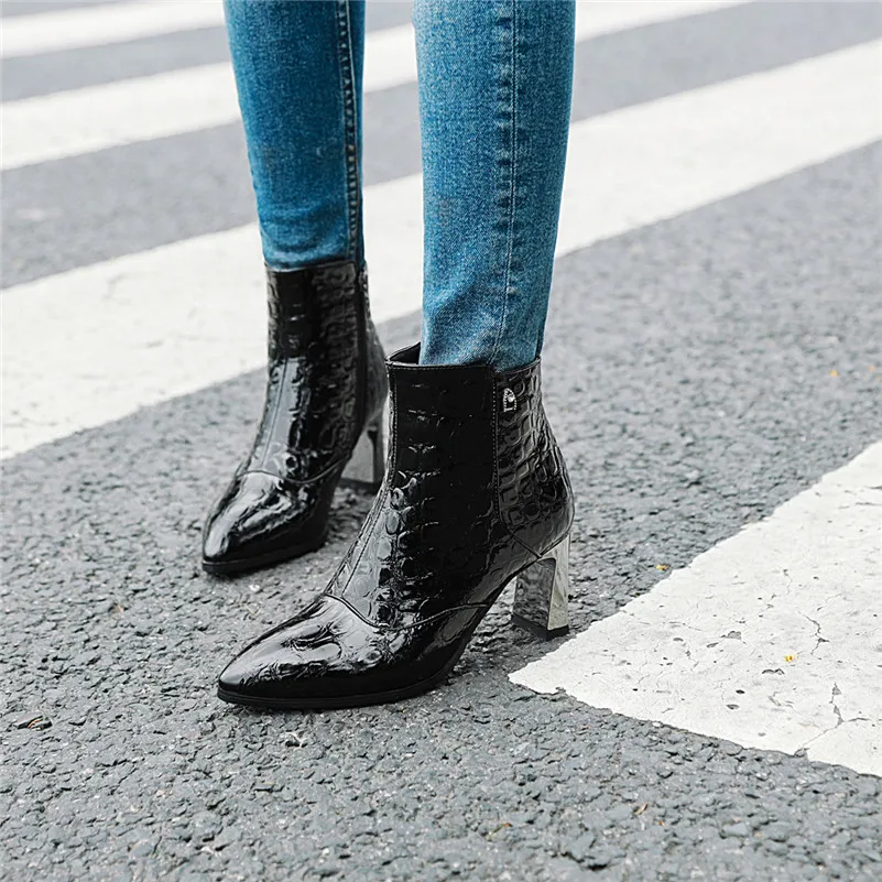 

ANNYMOLI Autumn Ankle Boots Women Patent Leather Block High Heels Short Boots Zip Pointed Toe Shoes Lady Winter Plus Size 33-46