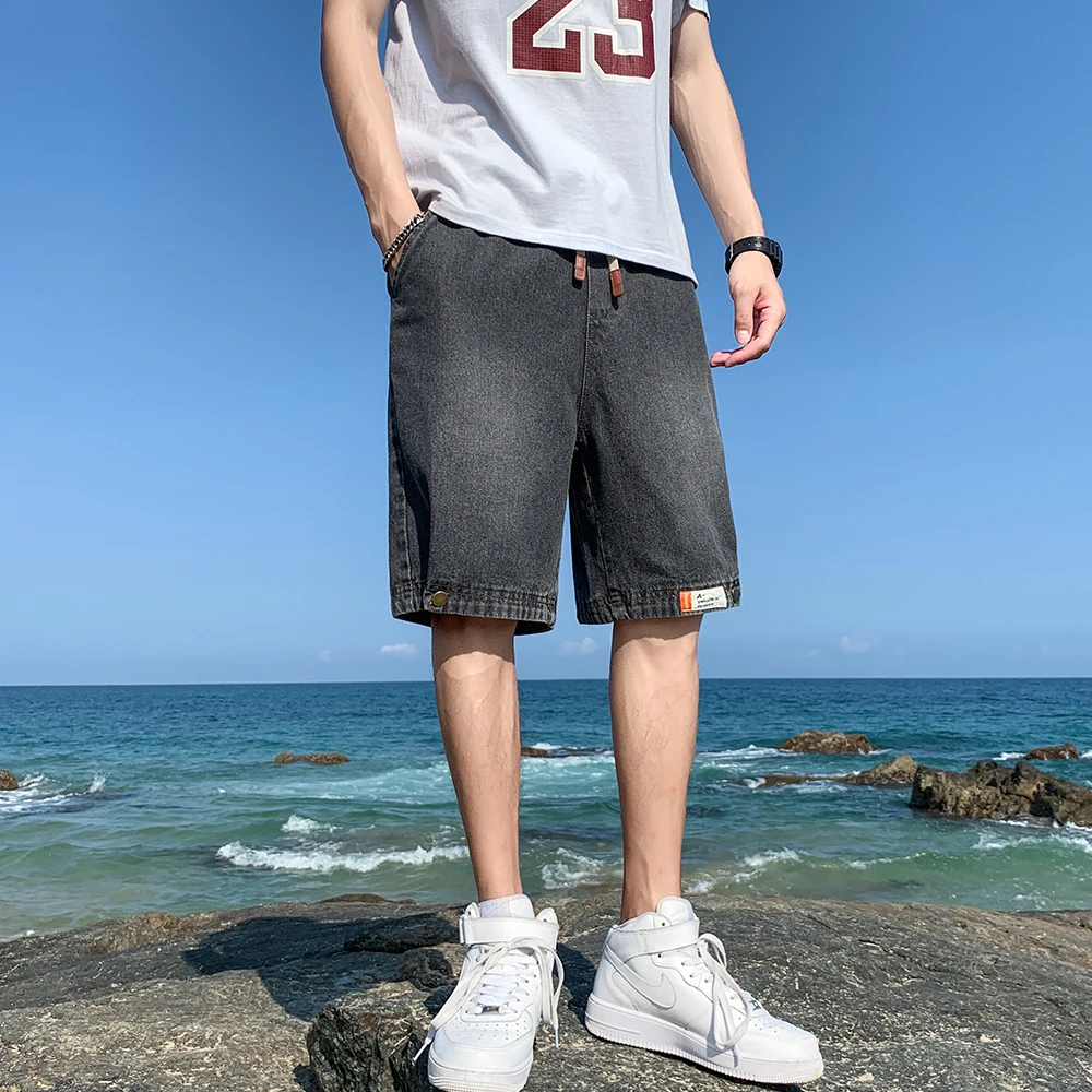 Мужские летние джинсовые шорты прямые однотонные широкие брюки средней длины