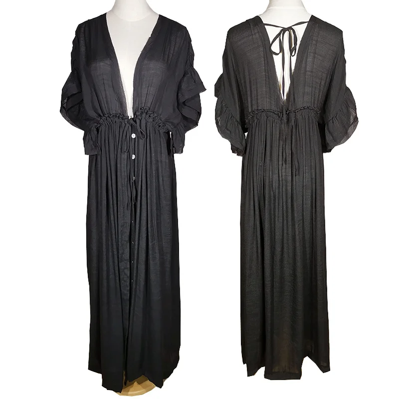 

White Cover-ups Bikini Cover up Kaftan Women Long Maxi Dress Solid V neck Ladies Holiday Dress Robe Plage Tunic Women Beachwear