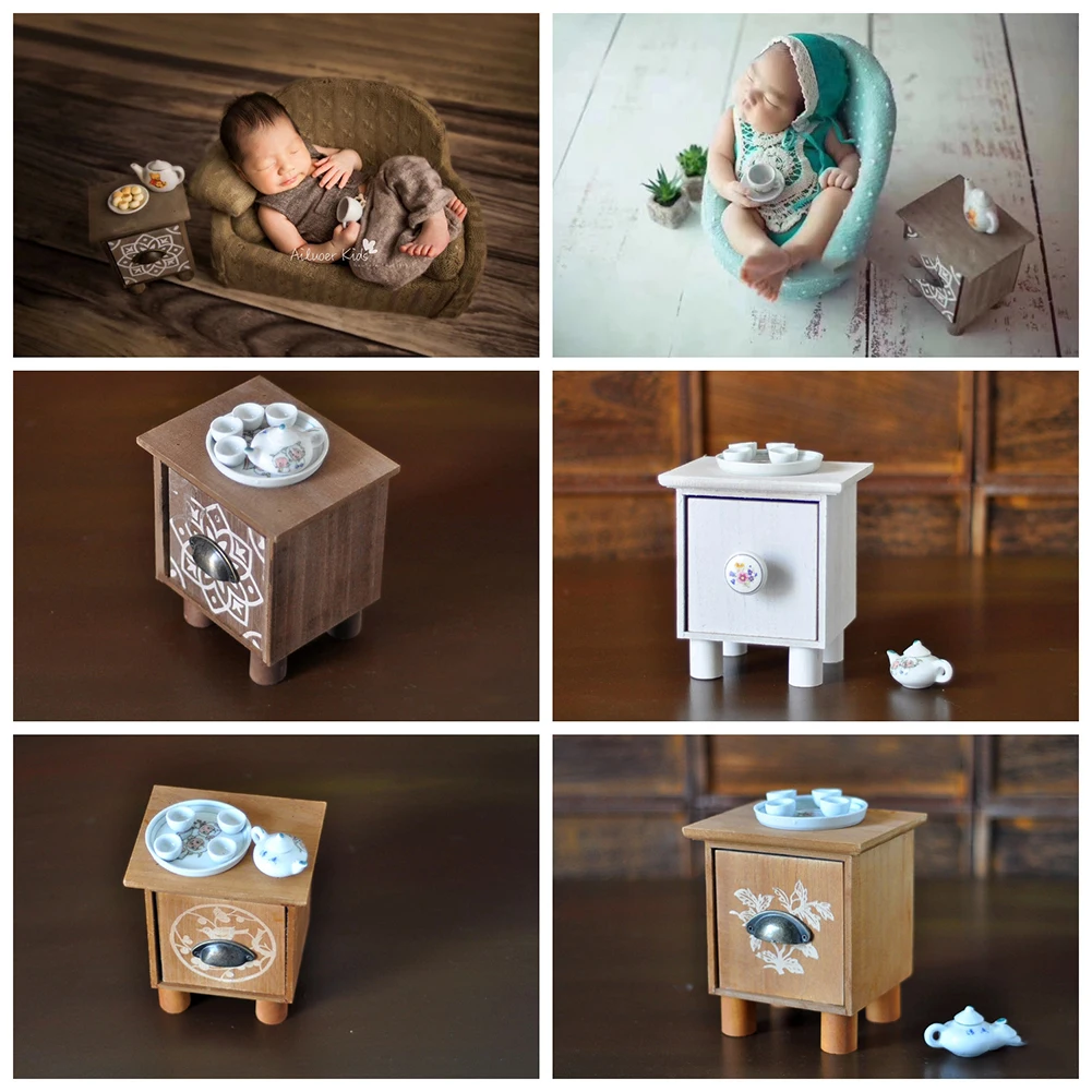 Wood Tea Table Set Infant Photography Props Take Photos Newborn Baby Geometric Pattern Mini Accessories Chair Decoration Posture |