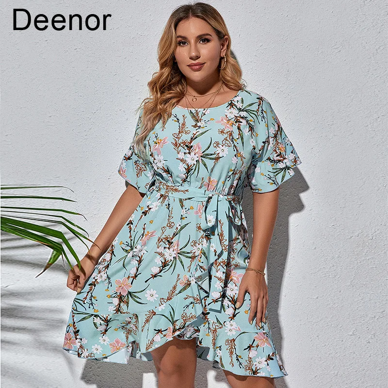 

Deenor Plus Size Mini Dress Women Short Sleeve Dress Floral Print 2021 Casual O-neck Elegant Dresses Beach Dresses