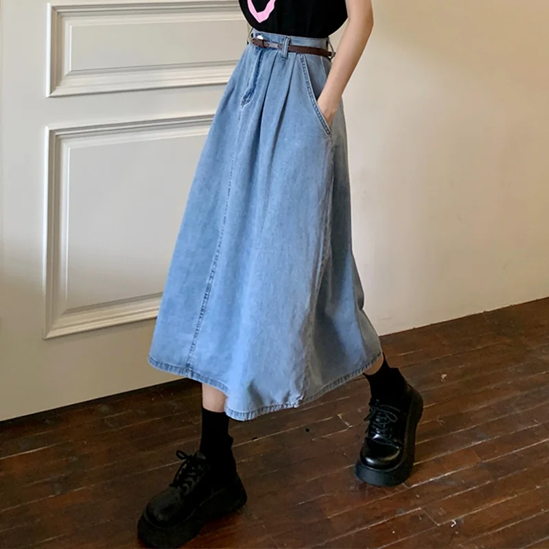 Женская джинсовая юбка средней длины летняя трапециевидная с высокой талией и