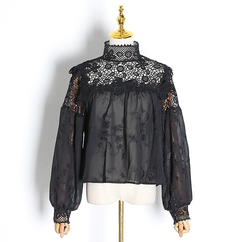 

TWOTWINSTYLE See Through White Shirt For Women Stand Collar Lantern Sleeve Hollow Out Casual Blouse Female 2020 Autumn Fashion