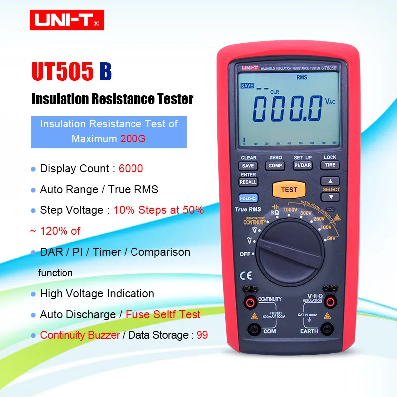 UNI T UT505B 1000 В 200 г Ом истинное среднеквадратичное значение Ручной цифровой
