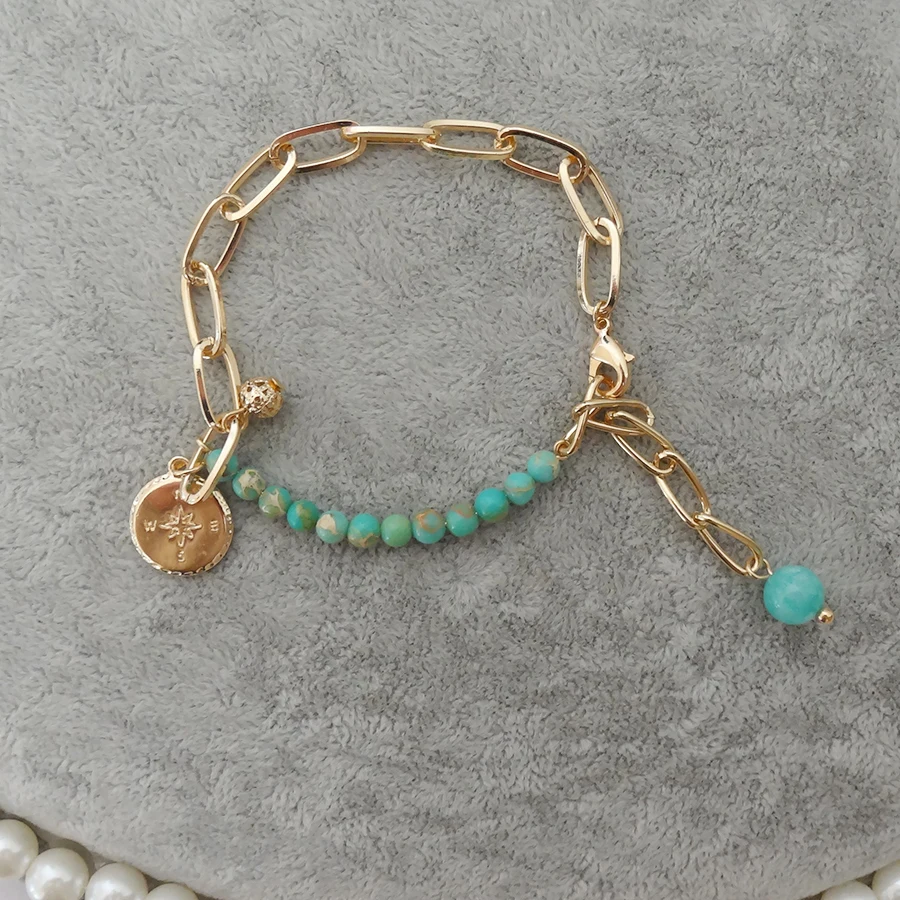 

Blue Natural Brith-Stone Bead Clabrate Bracelets Chain Bangles for Women Gifts Carved Coin Unique