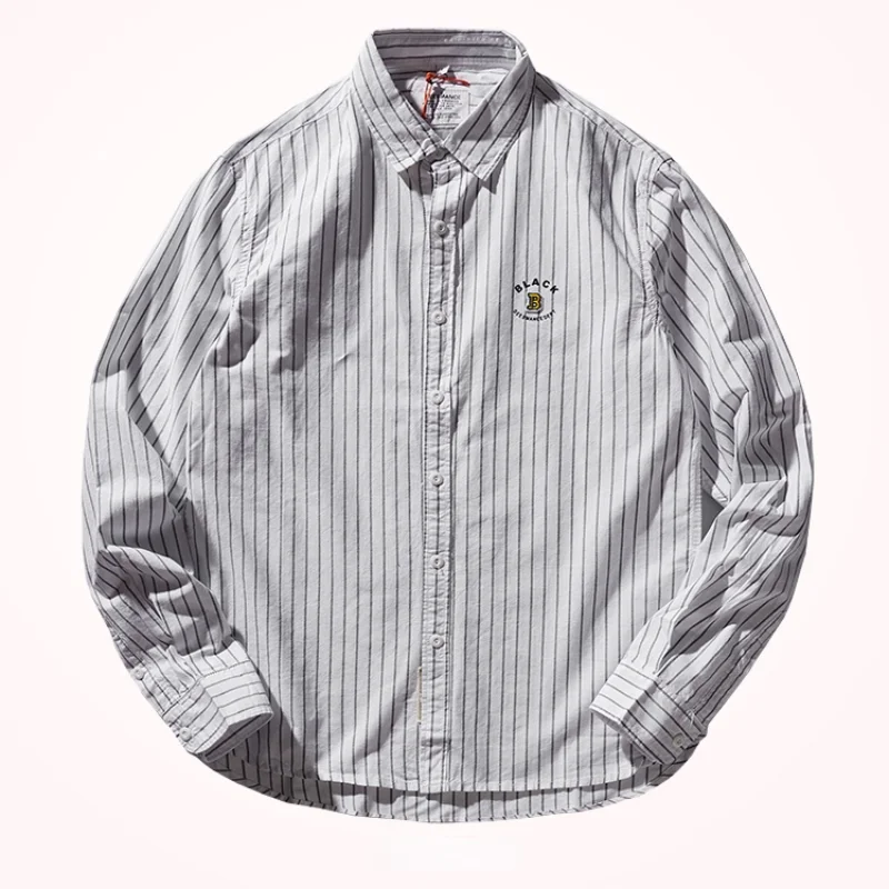 Cotton Vertical Striped Shirt Trendy Men's Japanese-Style Retro Long Sleeve Classic Bold Stripes Shirt Long Sleeve Youth Shi