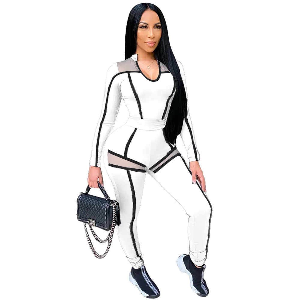

Sheer Mesh Striped Patchwork Two Piece Set Fitness Tracksuit for Women V Neck Long Sleeve Slim Fit Top and Skinny Pant Outfits