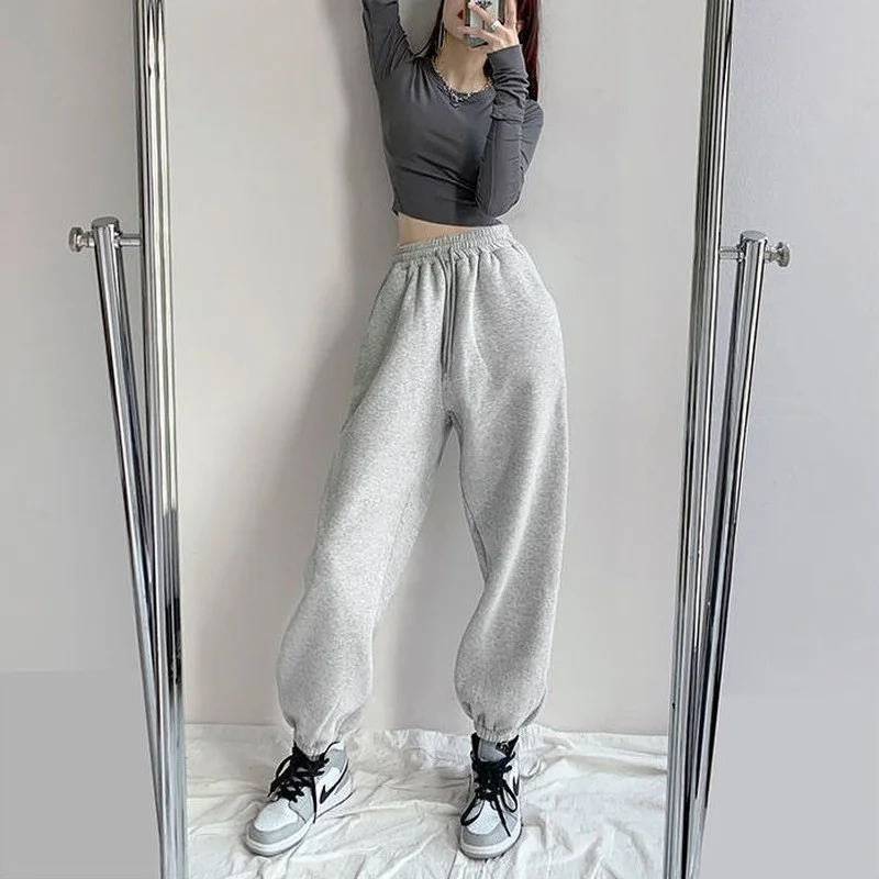 

QWEEK Harajuku Winter Warm Gray Joggers Sports Pants Women Korean Fashion Fleece Velvet Oversize Black Jogging Sweatpants Baggy
