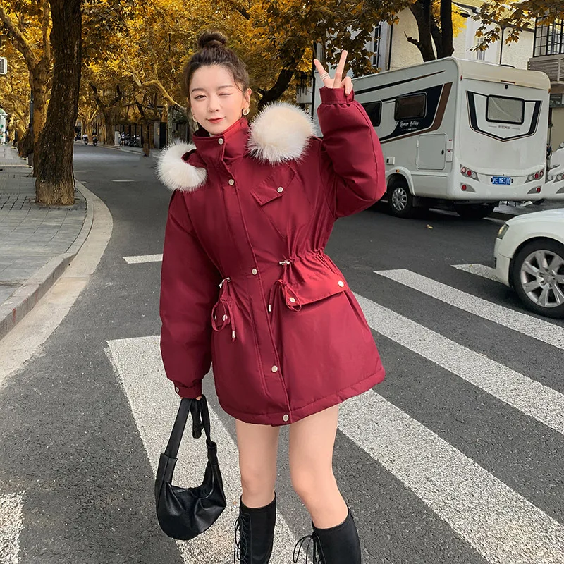 Winter Coat Women Plush 2021 The New Korean Version Draw Back Fashion Big Fur Collar Mid-length Cotton