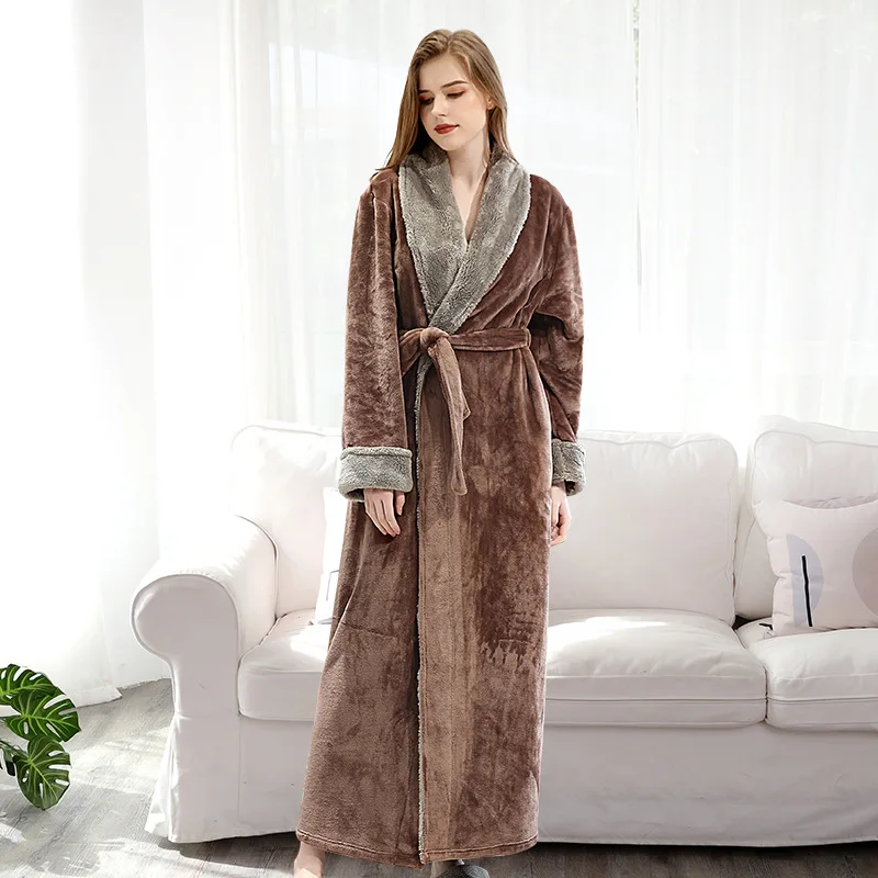 

Women Winter Extra Long Thick Flannel Bath Robe Warm Peignoir Femme Sexy Dressing Gown Men Bathrobe Bridesmaids Wedding Robes
