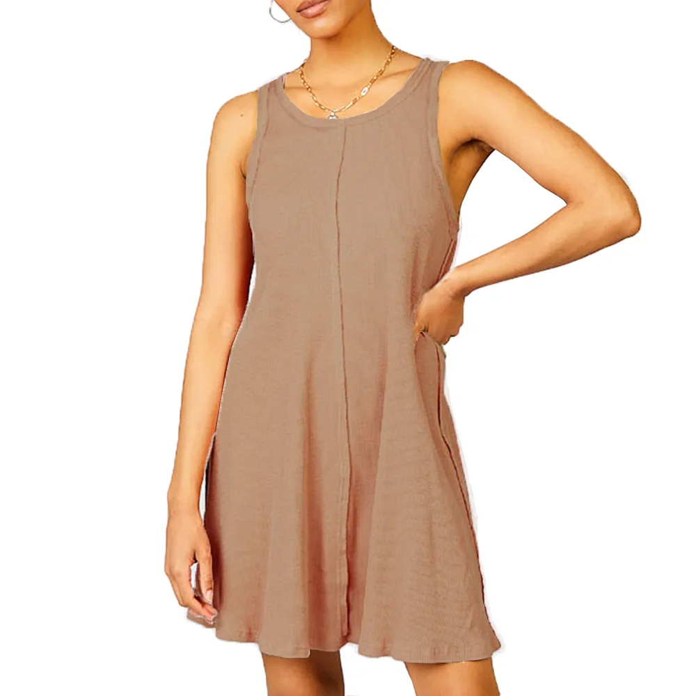 

WEPBEL Spaghetti Strap Dress Women's Casual Solid Color Loose Dress Summer Sexy O-Neck Sleeveless Dress