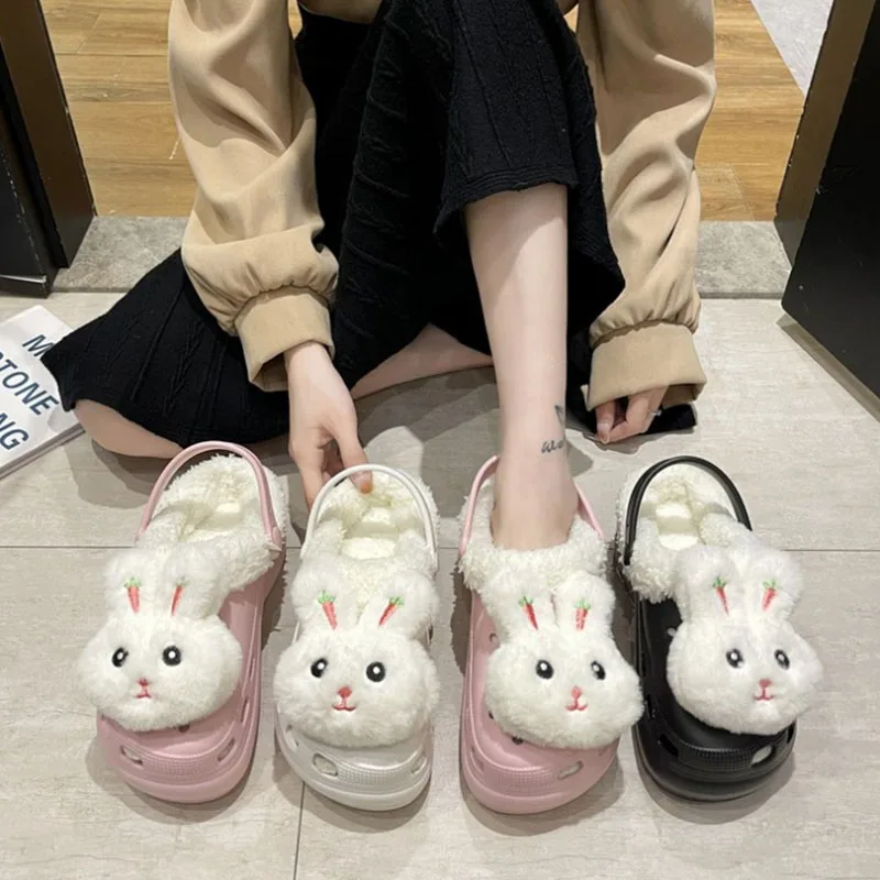 

Зимние женские тапочки на толстой подошве на высоком каблуке из хлопка с милым кроликом теплая и бархатная домашняя плюшевая Хлопковая жен...