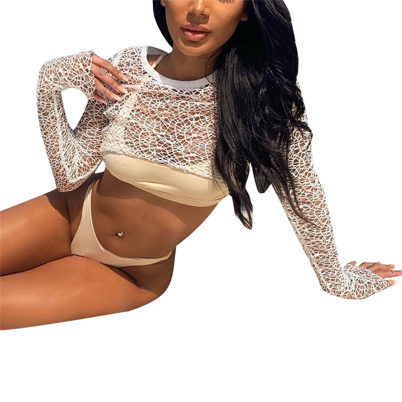 Женский сетчатый укороченный Топ с длинным рукавом футболка купальник бикини