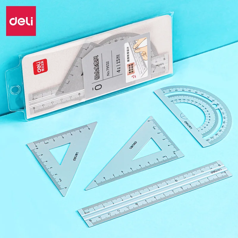 Youpin Deli 4 in 1 Aluminium Metal Ruler Set Tool Kpop Steel Inch School Stationery Supplies for Drawing Geometry Maths