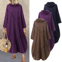 womens patchwork sundress zanzea 2021 vintage hoodies dress casual long sleeve maxi vestidos female turtleneck robe