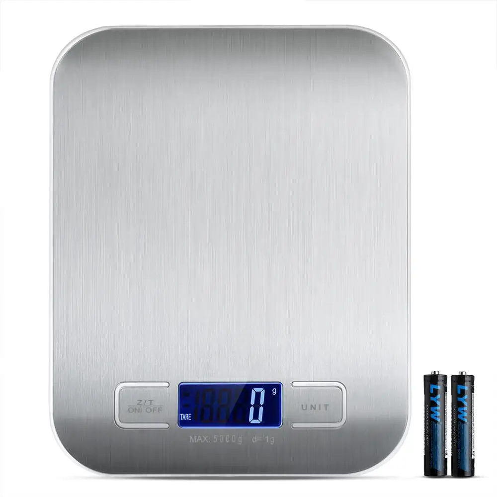 1g-5kg 11 фунтов/5 кг тонкие цифровые Многофункциональные кухонные весы, нержавеющая сталь, ЖК-дисплей с подсветкой(батарея в комплекте - Цвет: 1g-5kg