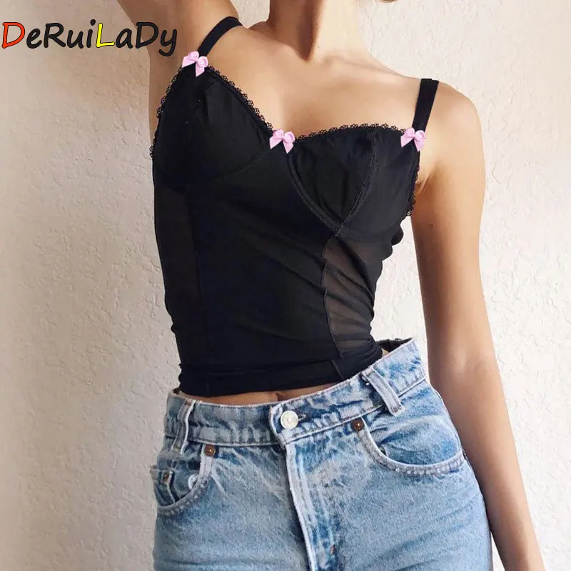 

DeRuiLaDy Kawaii Bow Lace Camisole Sexy Slim Transparent Mesh Patchwork Black Camis Tops For Women Party Clubwear Top Mujer