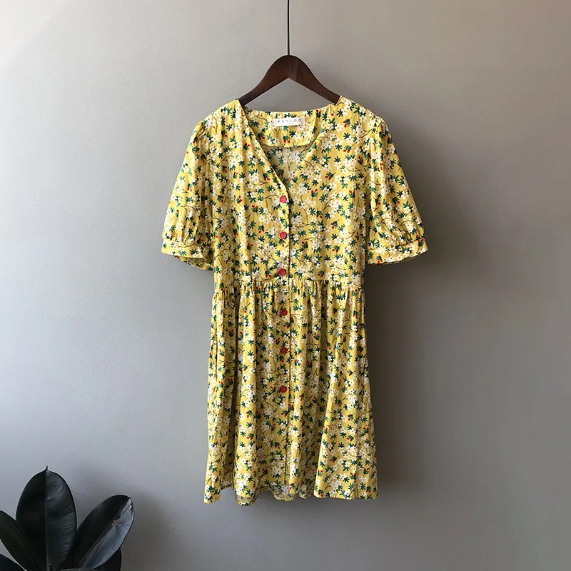 

Toppies Summer Floral Printing Mini Dress Puff Sleeve 100% Cotton Dress Sexy V-neck Single Breasted