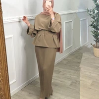 women muslim sets fashion o neck long sleeve tops and muslim pleated dress for women ensemble femme musulmane 2 pieces no hijab