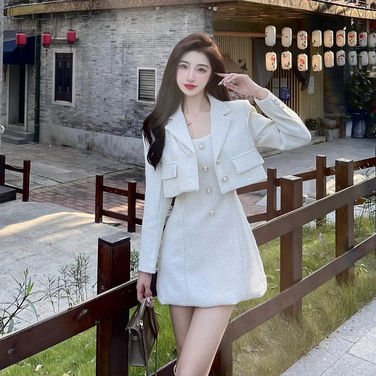 

Woolen Blazer Jackets Coat + Sling Tank Mini Dress Set Women Elegant Two Piece Tracksuit Pearls Buttons Tweed Outfits D340