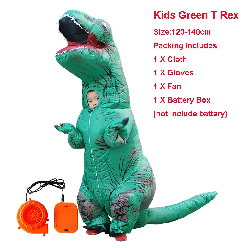 kids green Надувной костюм динозавра для взрослых, T-REX, карнавальный костюм динозавра, костюм на Хэллоуин для мужчин и женщин, вечерние костюмы - Цвет: kids green