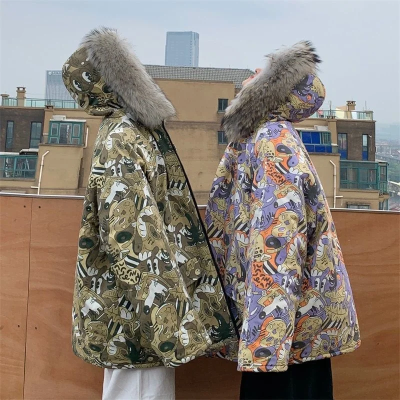 

Теплая куртка, плотная ветрозащитная Повседневная Верхняя одежда с капюшоном и меховым воротником с принтом, Повседневная универсальная с...