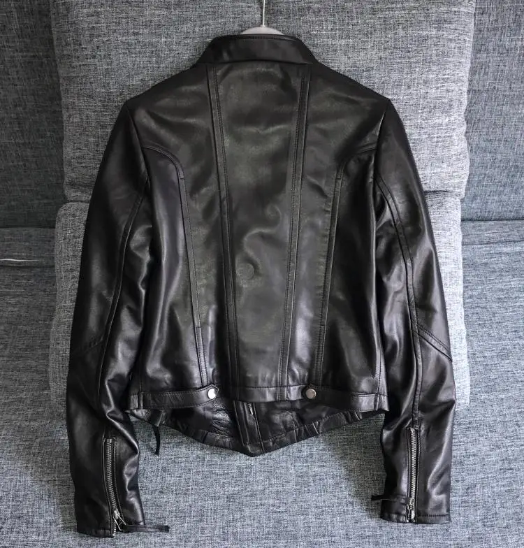 Women's branded genuine leather motocycle coats ladies natural sheepskin jackets turn-down collar black plus oversized 2xl xxl