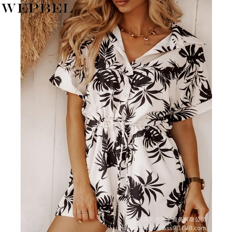 

WEPBEL Loose Short Sleeve Playsuits Women's Casual Leaves Print Lace-up Playsuits Summer V-neck High Waist Straight Playsuits
