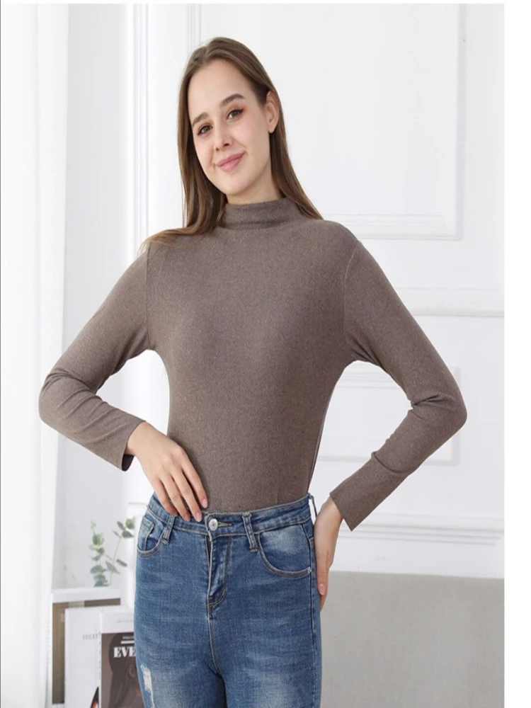 

Autumn and winter new cationic knitted bottoming shirt woman tshirts high neck elastic double-sided thread warm top Women Tops