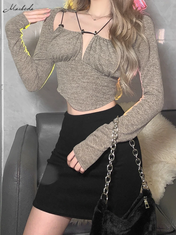 

Macheda 2022 Halter strap Trim Crop Top Chest hollow-out Strap-up Stretch Trim ladies' top Street versatile fashion women's wear