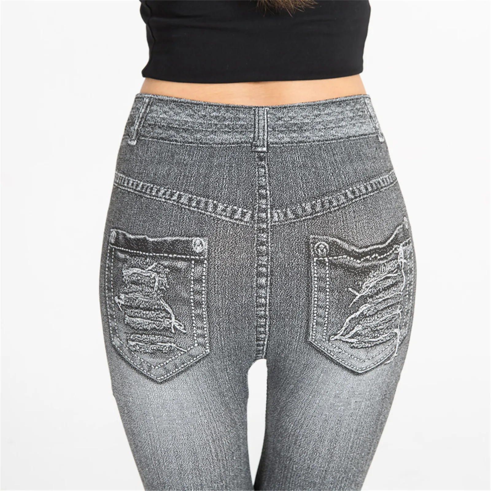 

Ripped Print Imitation Denim Leggings Thin High Stretch One-piece Pants
