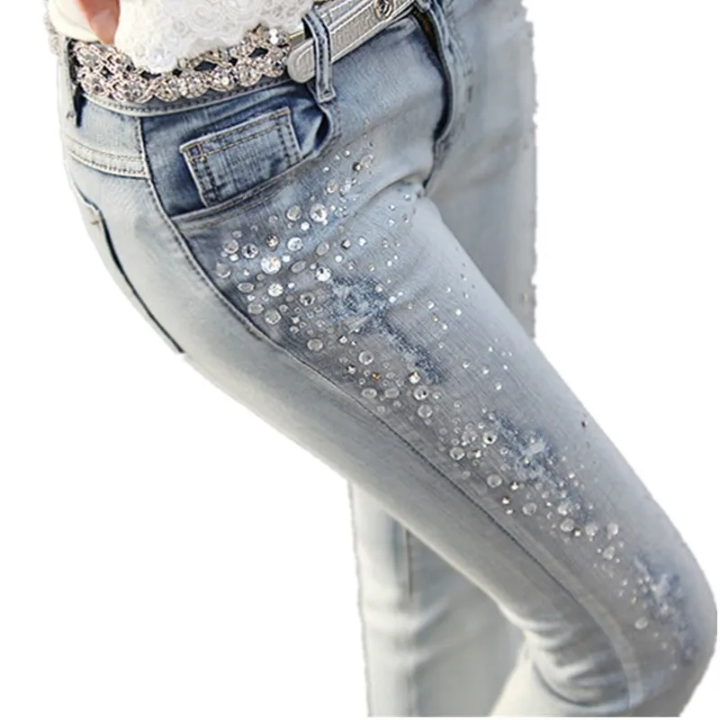 Ladies rhinestone Diamond denim jeans Patns Ripped Women's Vintage long trousers light blue Skinny Stretchy Pencil Pants | Женская