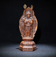 8 china lucky old boxwood handmade statue thousand hand guanyin bodhisattva standing buddha back light buddhist scriptures